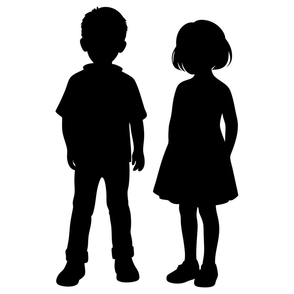 Children Silhouettes Standing Together, Little Boy and Girl in Dark Shadow, Kid Friendship Concept vector