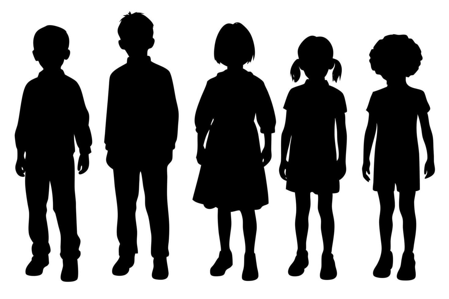Children Silhouettes Standing Together, Diverse Group of Boys and Girls, Unity, Childhood, School, Friendship Concept for Stock Images vector
