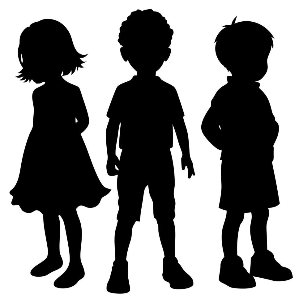 Black Silhouette of Three Children Standing Isolated on White Background, Wearing Casual Clothes, Playful Kids vector