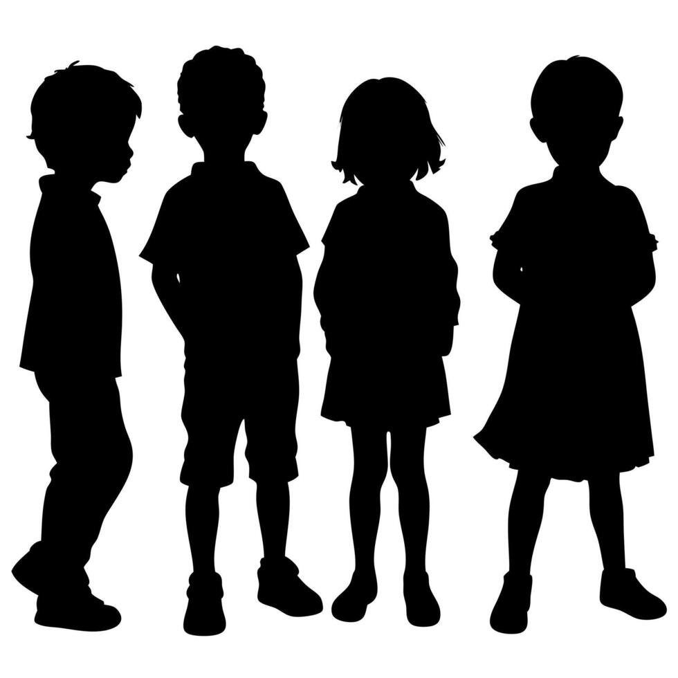 Silhouette of Diverse Children Standing Together, Symbolizing Friendship, Childhood, Education, and Unity in a Black and White Design vector