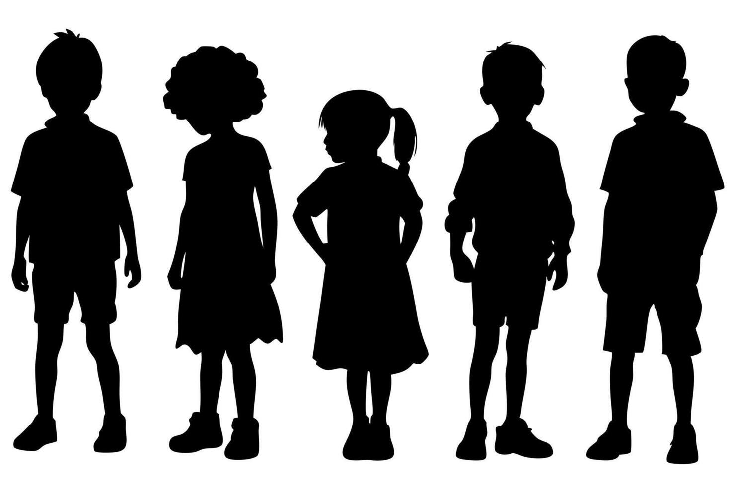 Silhouette Group of Children Standing Together Diverse Kids in Black Silhouettes for Educational and Creative Projects vector