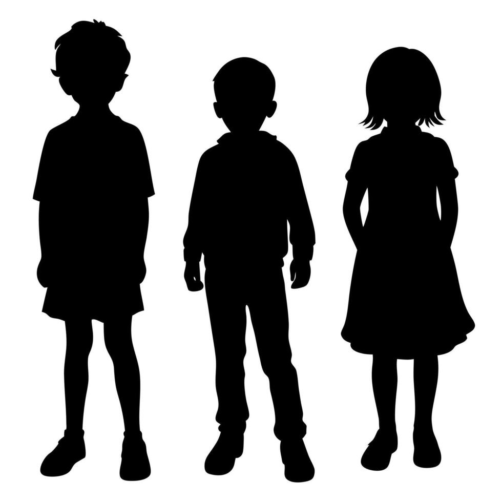 Children Silhouette Group Three Kids, Boy and Girls, Standing Together Isolated on White Background vector