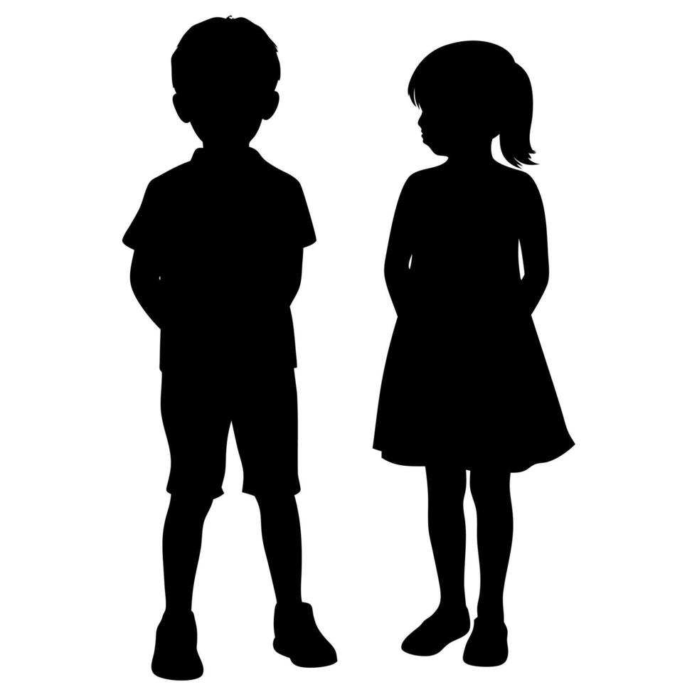 Silhouette of Two Children, A Boy and Girl Standing Together, Isolated on White Background, Childhood Concept vector