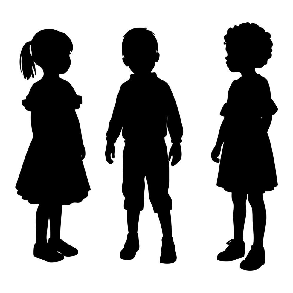 Child Silhouettes Three Young Kids Standing in a Row on White Background, Diverse Children Illustration vector