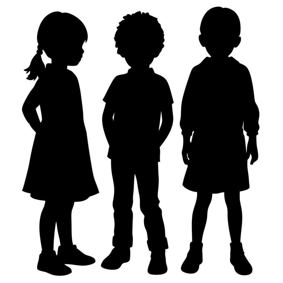 Silhouette of Three Diverse Children Standing Together, Representing Childhood, Friendship, and Unity on a White Background vector