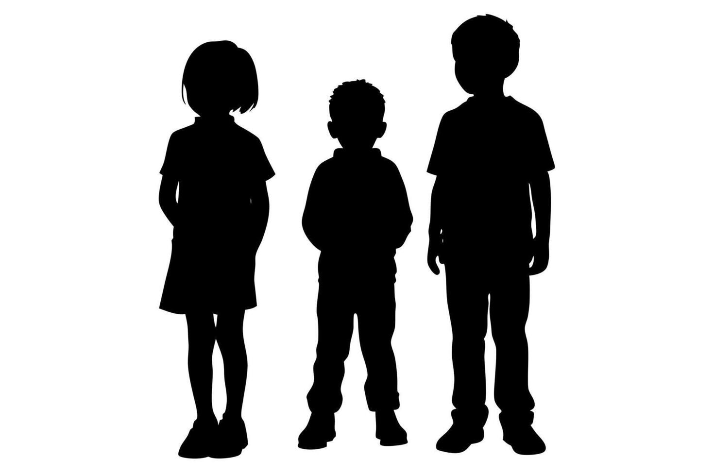 Three Children Silhouette Standing Together, Isolated on White Background, Kids' Friendship, Childhood, Family, Black and White vector