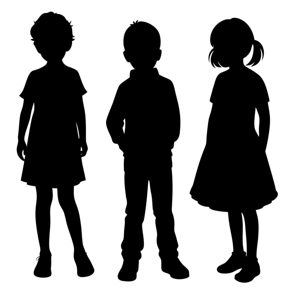 Children Silhouettes A Diverse Group of Kids Standing Together, Showing Friendship and Childhood Innocence on White Background vector