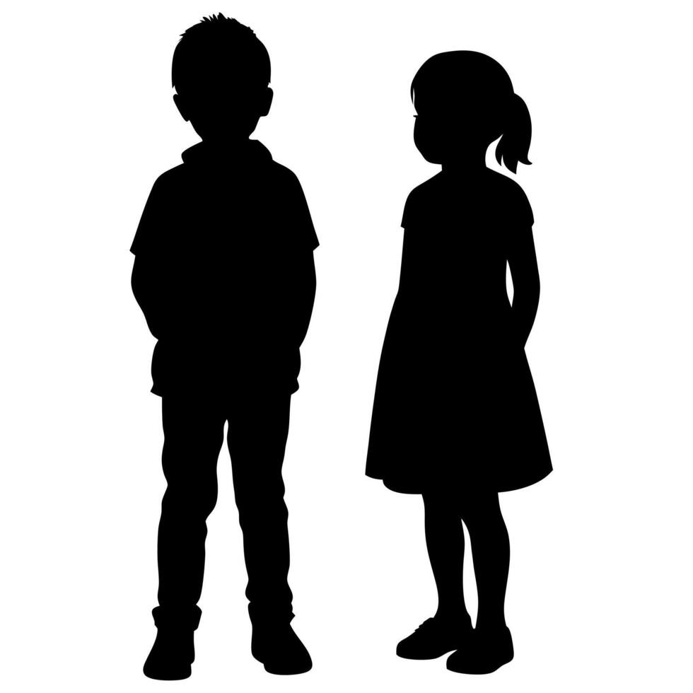 Boy and Girl Silhouette Standing Together, Little Children, Friends, Childhood, Black Figures on White Background vector