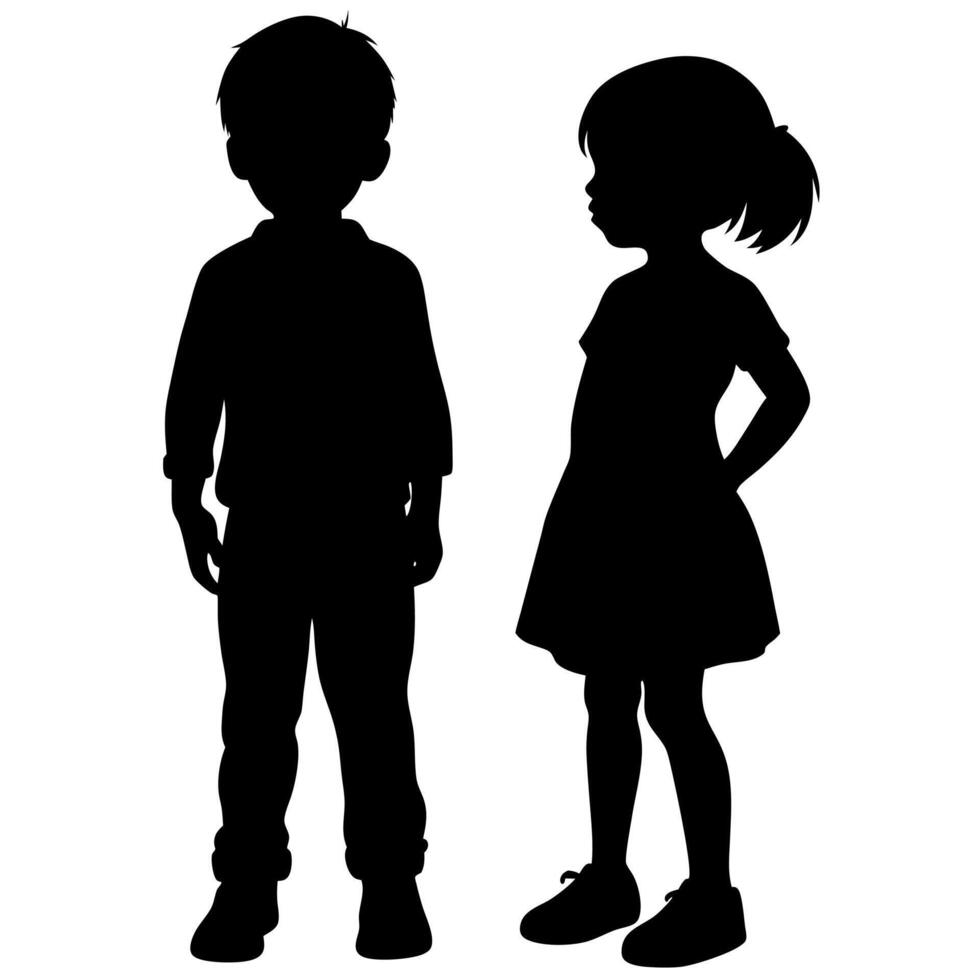 Silhouette of a Boy and Girl Standing, Isolated on White Background, Childhood Friends Together vector