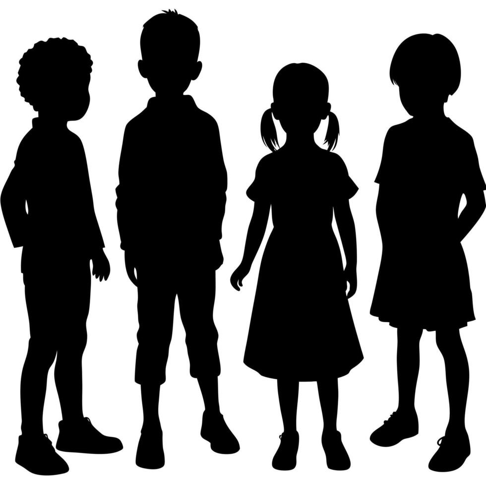 Children Standing Together Silhouette Diversity, Friendship, Childhood, Education, and Unity, Representing Kids from Different Backgrounds vector
