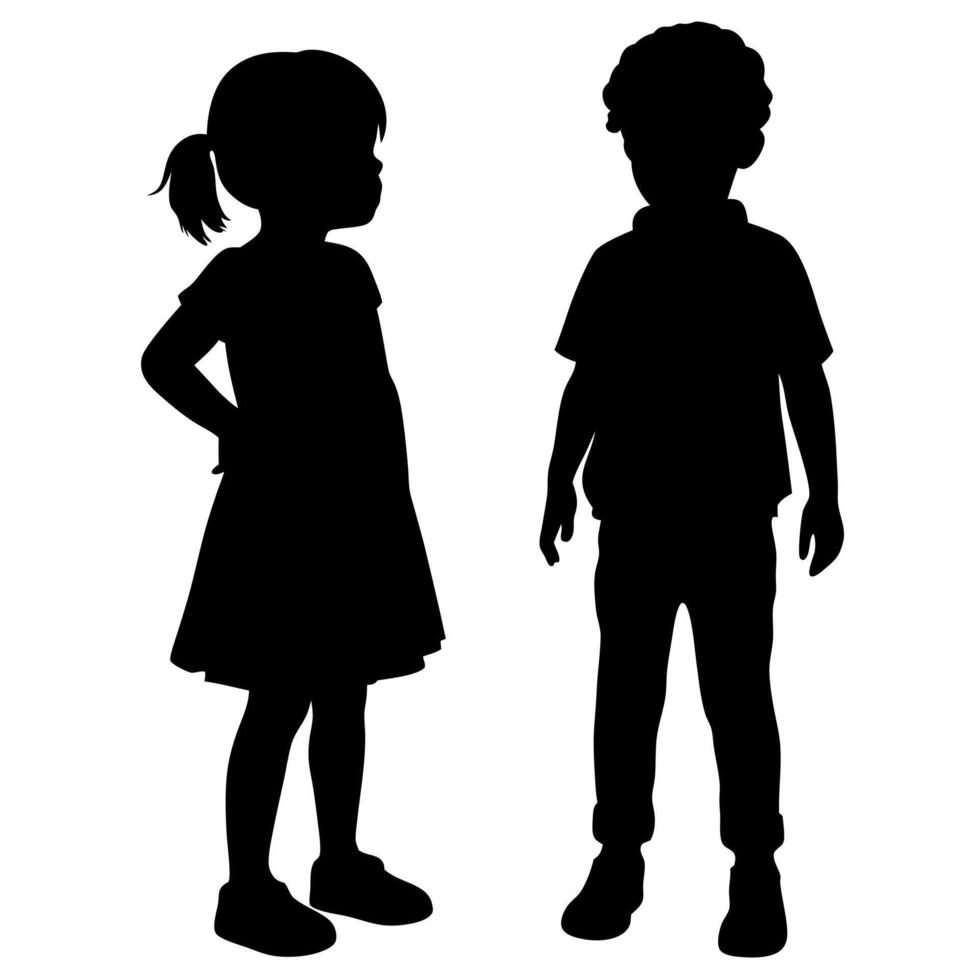 Silhouette of a Boy and a Girl Standing Side by Side on an Isolated White Background vector