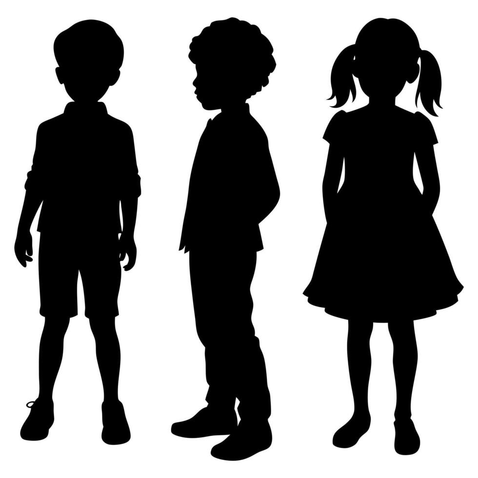 Silhouetted Children Standing Isolated on White Background Boy in Shorts, Profile Boy, Girl in Dress vector