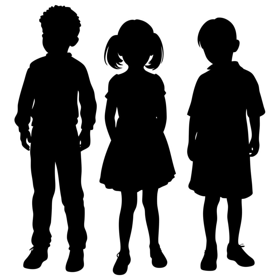 Silhouette of Three Diverse Children Standing Together on White Background. Boy and Girl Child Silhouette vector