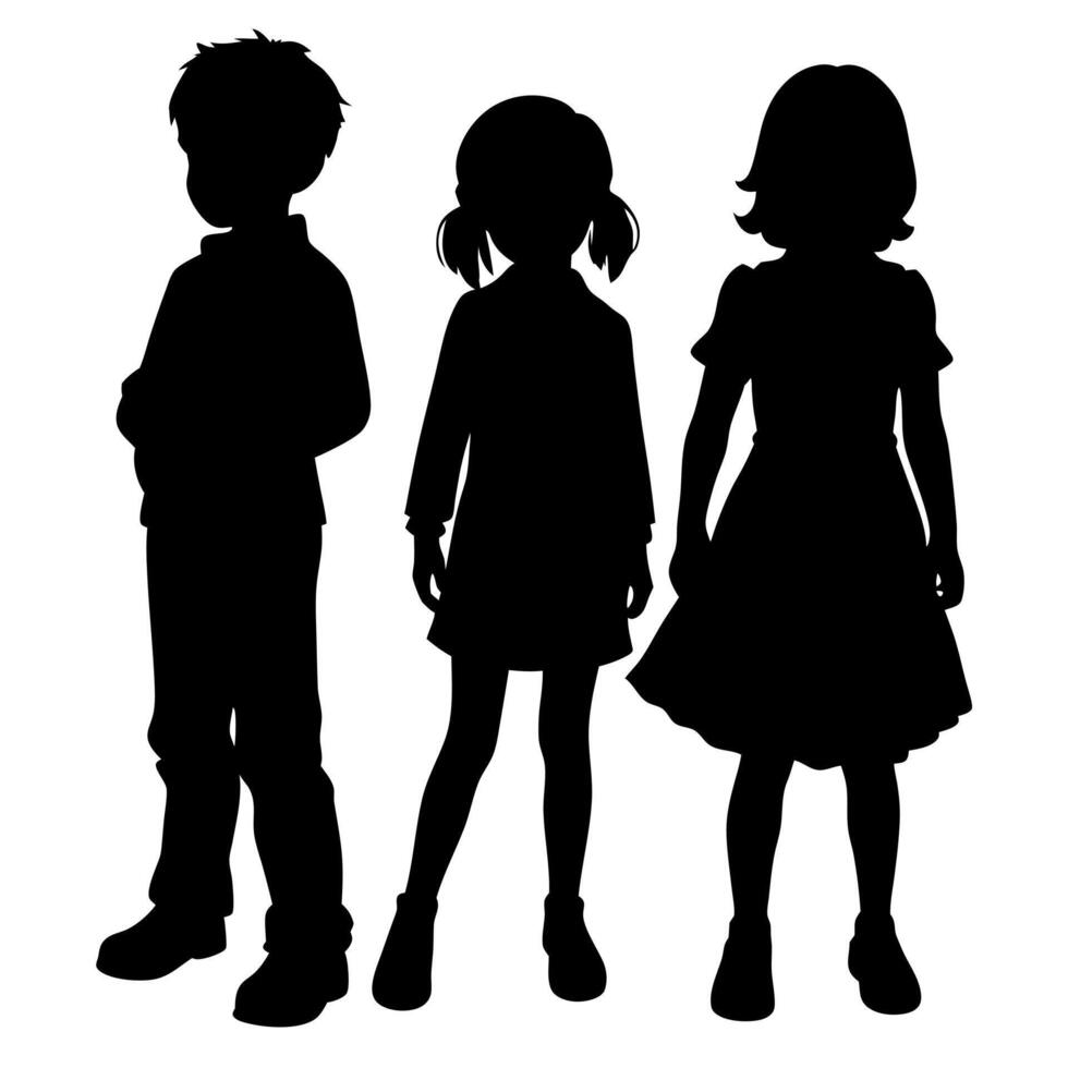 Silhouette of Three Children Standing Together, A Boy and Two Girls Isolated on White Background, Childhood Friends vector