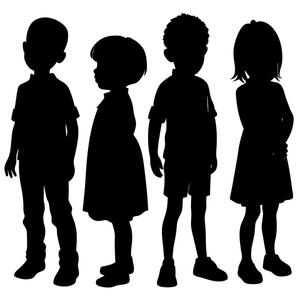 Silhouettes of Four Diverse Children Standing SidebySide on White Background, Demonstrating Unity and Childhood vector