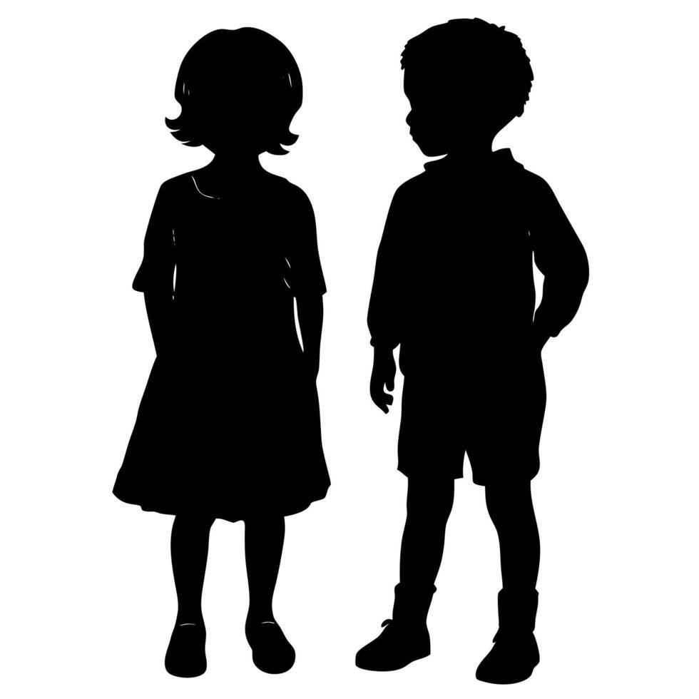Children Silhouette Two Young Kids Standing Side by Side in Black and White, Kids Fashion, Education, and Childhood vector