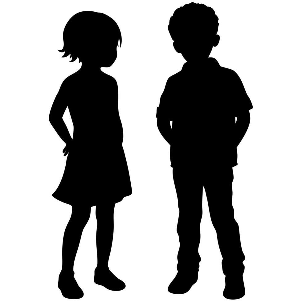 Silhouette of Boy and Girl Standing Face to Face, Childhood Friends in Black, Isolated on White Background vector