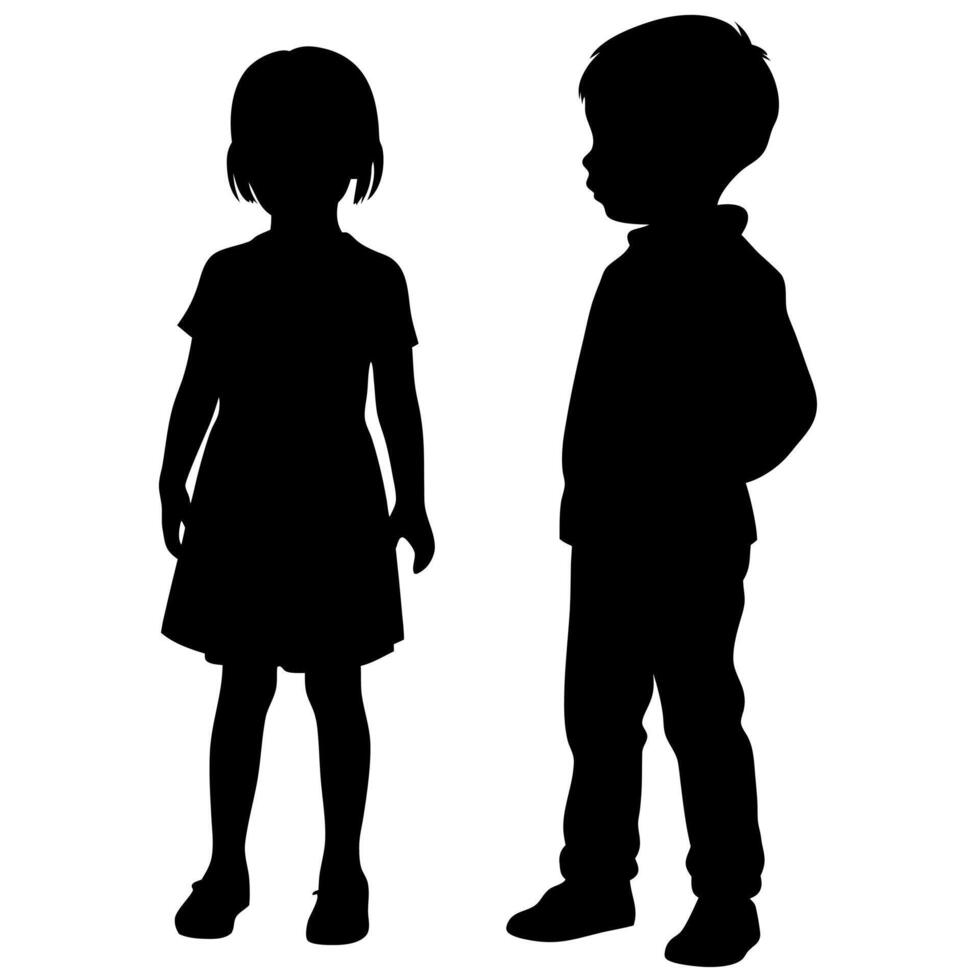 Silhouette of a Girl in a Dress and a Boy in a Shirt and Pants Standing on a vector
