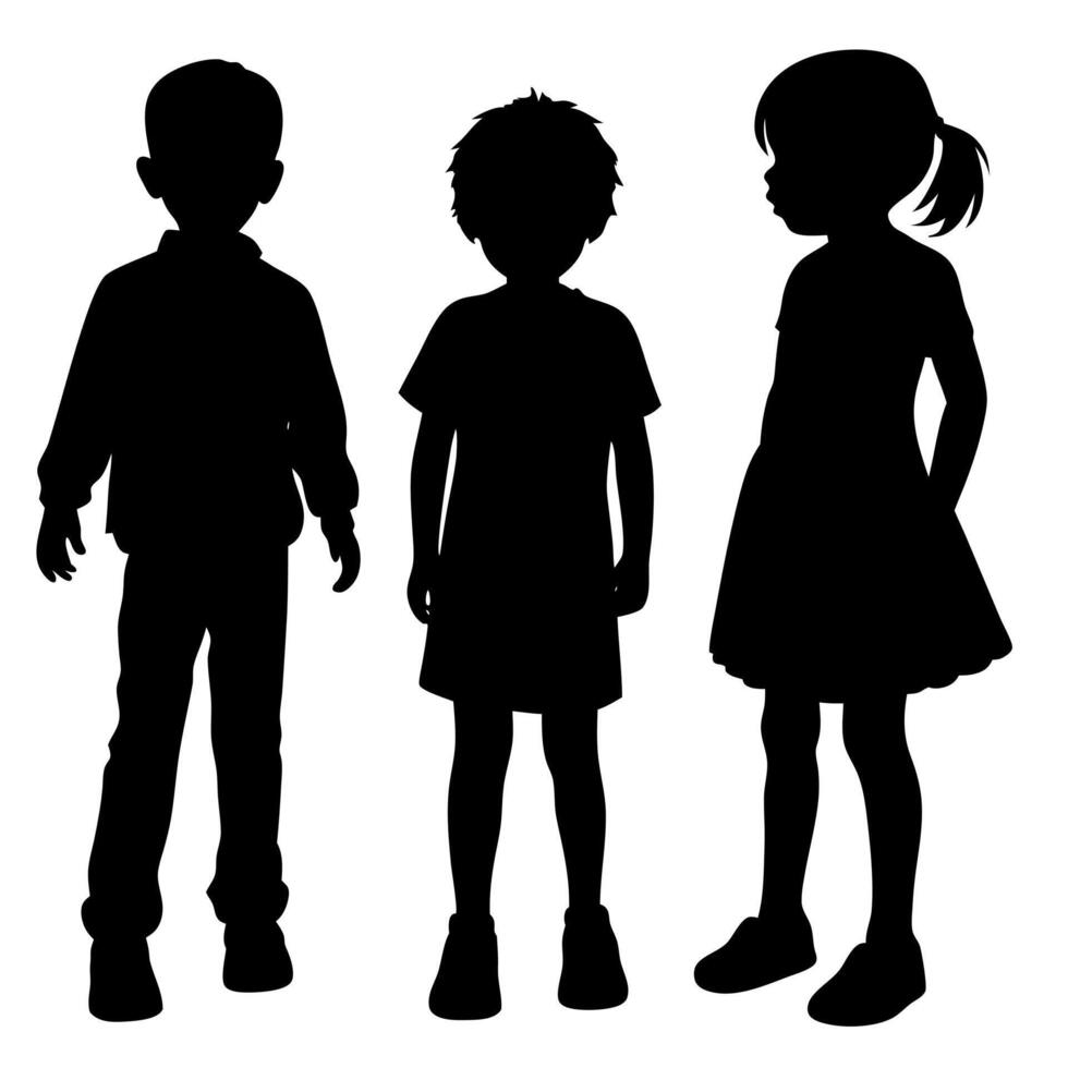 Black Silhouette of Three Children Boy with Jacket, Boy in TShirt, Girl in Dress vector