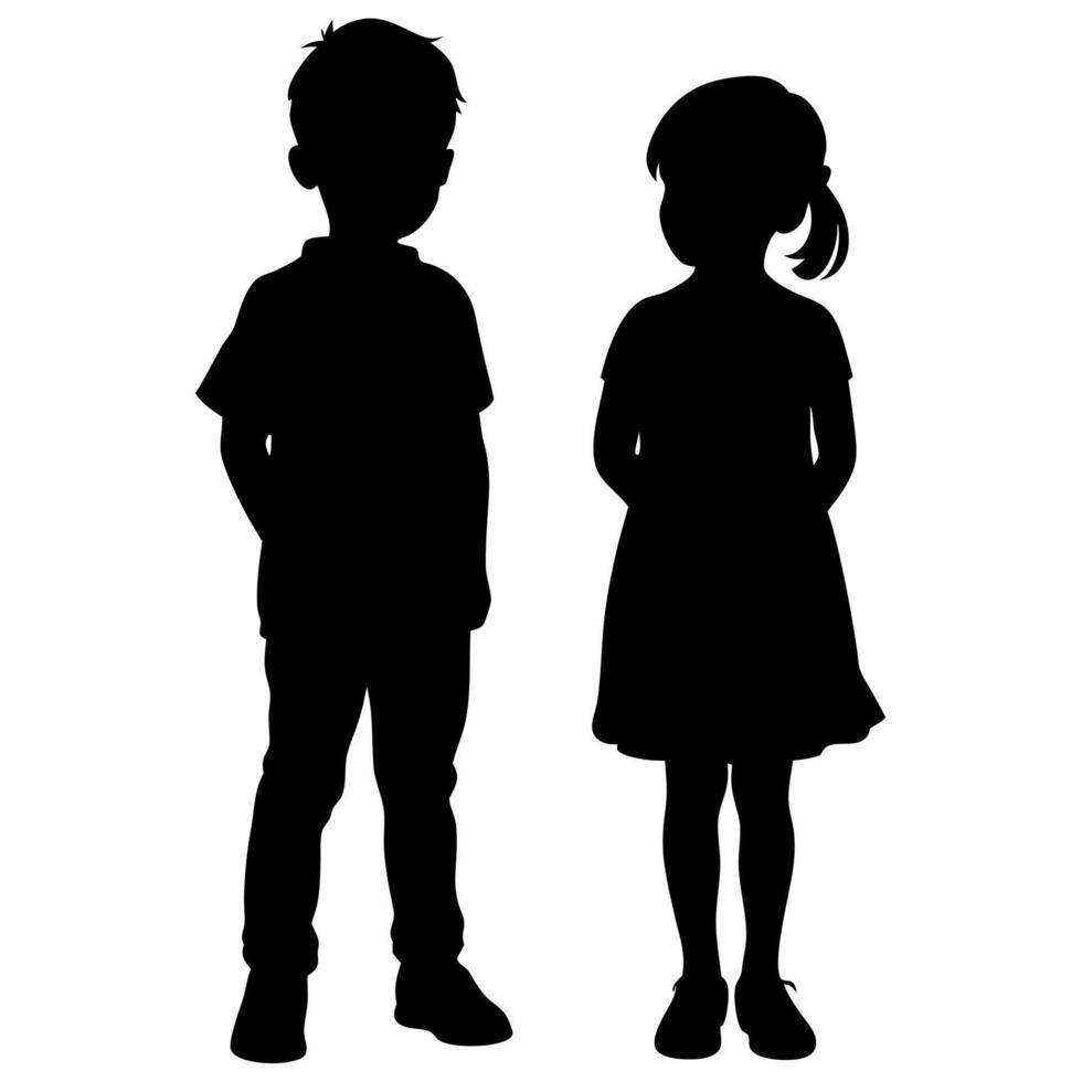 Boy and Girl Silhouette Illustration, Childhood Friends in Black and White, School Children Outlines for Design Projects vector