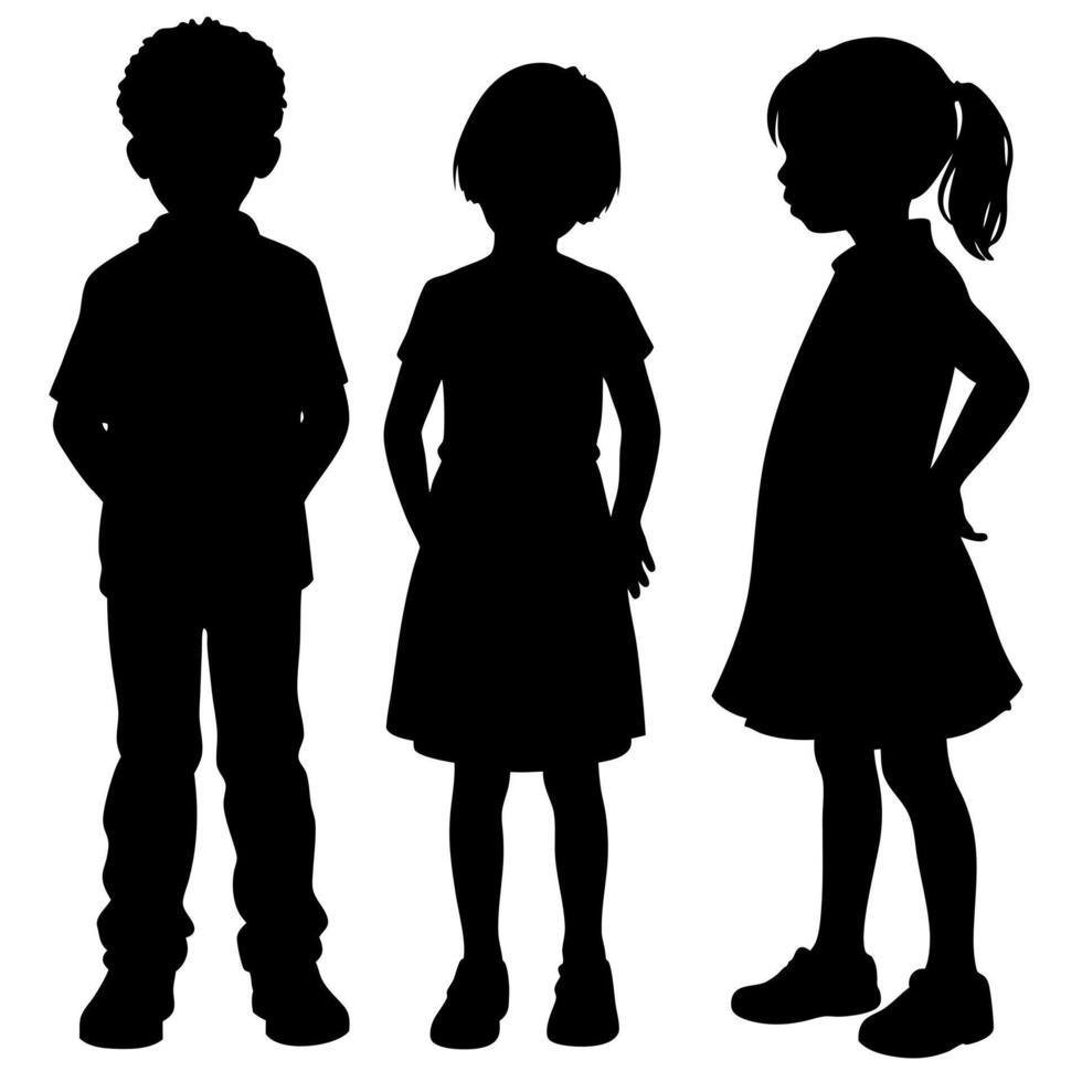 Black Silhouettes of Boy and Two Girls in Dresses Isolated on White Background for Educational or Design Elements vector