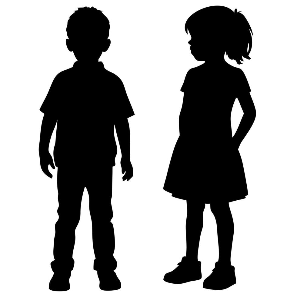Silhouette of Young Children Boy and Girl Standing Side by Side Together in Black and White vector