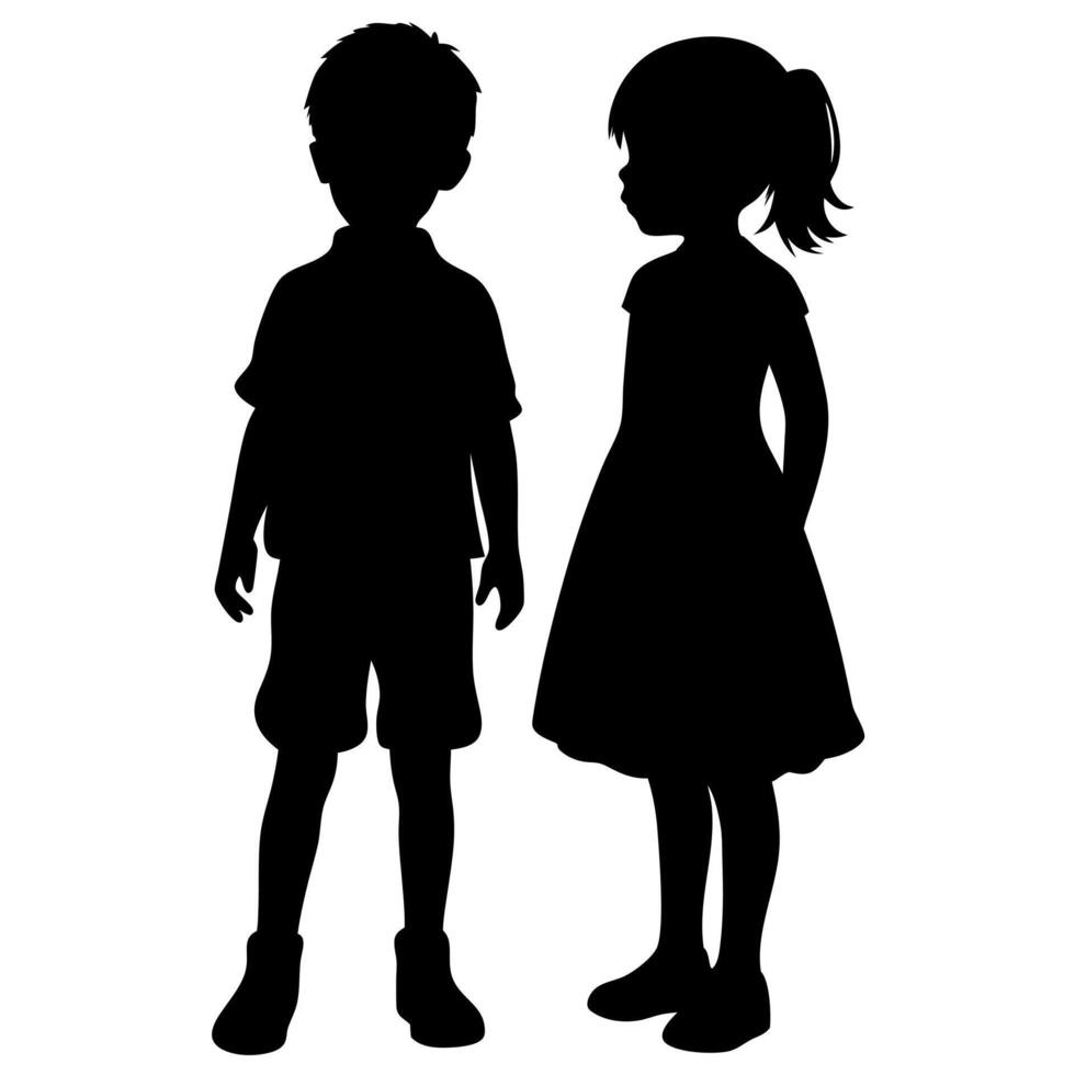 Silhouette of a Boy and Girl Standing Together, Cute Children Figures on White Background, Friendship vector