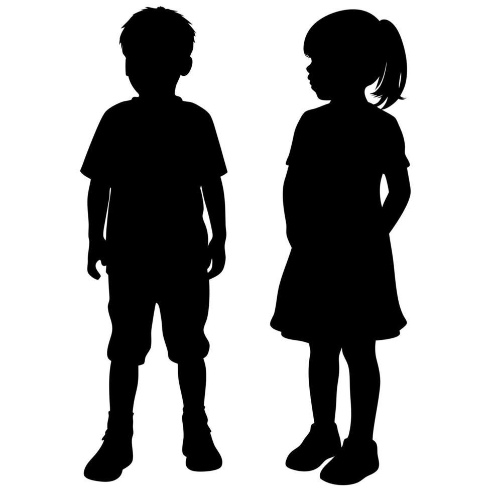 Silhouette of Children Standing Side by Side, Boy in Shorts, Girl in Dress, Innocence and Childhood vector