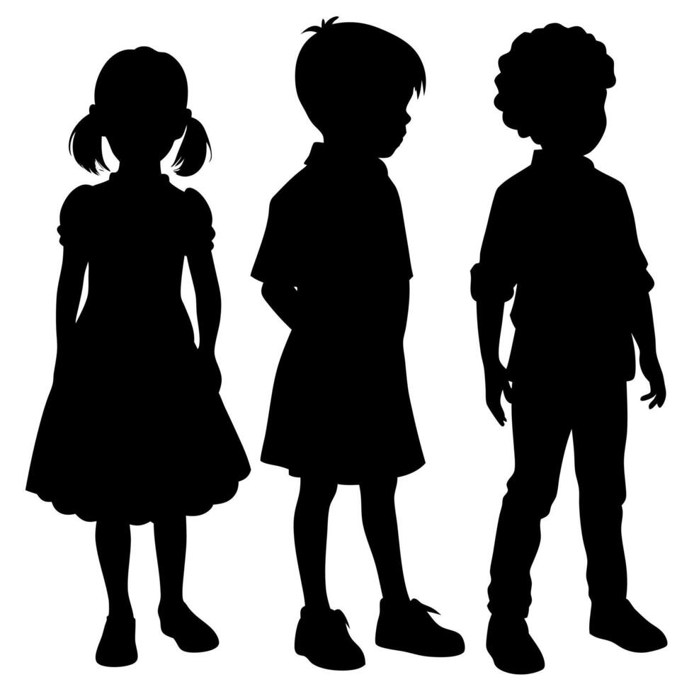 Black Silhouette of Three Children in Different Poses Girl in Dress, Boy, Kid with Afro, Isolated vector