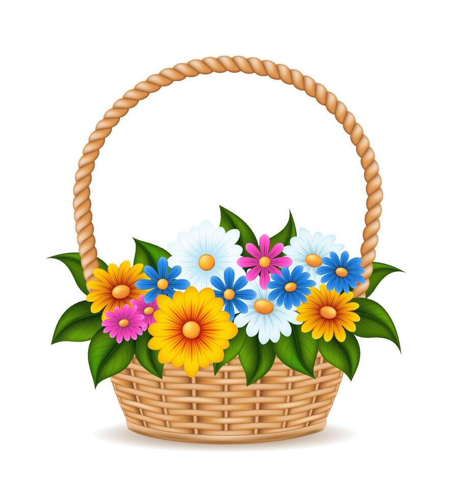 wicker basket with flowers illustration isolated white background vector