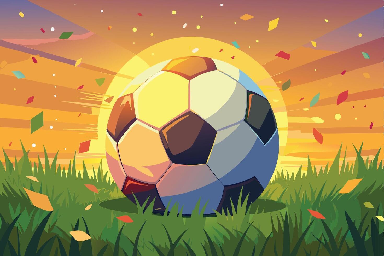 Soccer ball in the field with confetti and a sunset in the background vector
