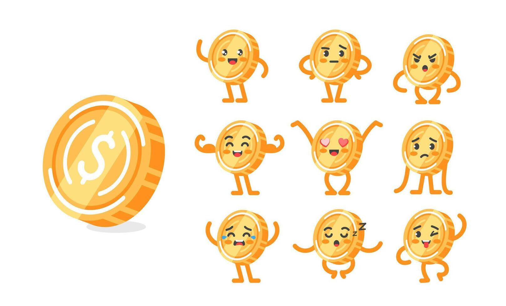 Coin gold dollar funny character set of poses and emotions, mascot symbol business, finance, winning vector