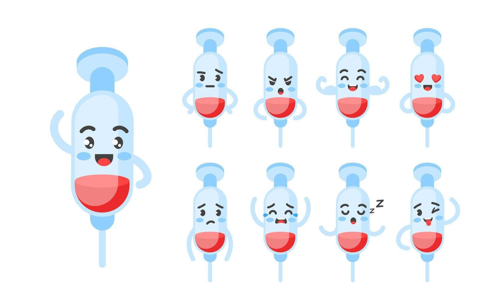 Syringe funny character set of poses and emotions, mascot symbol of medicine, treatment, vaccination vector