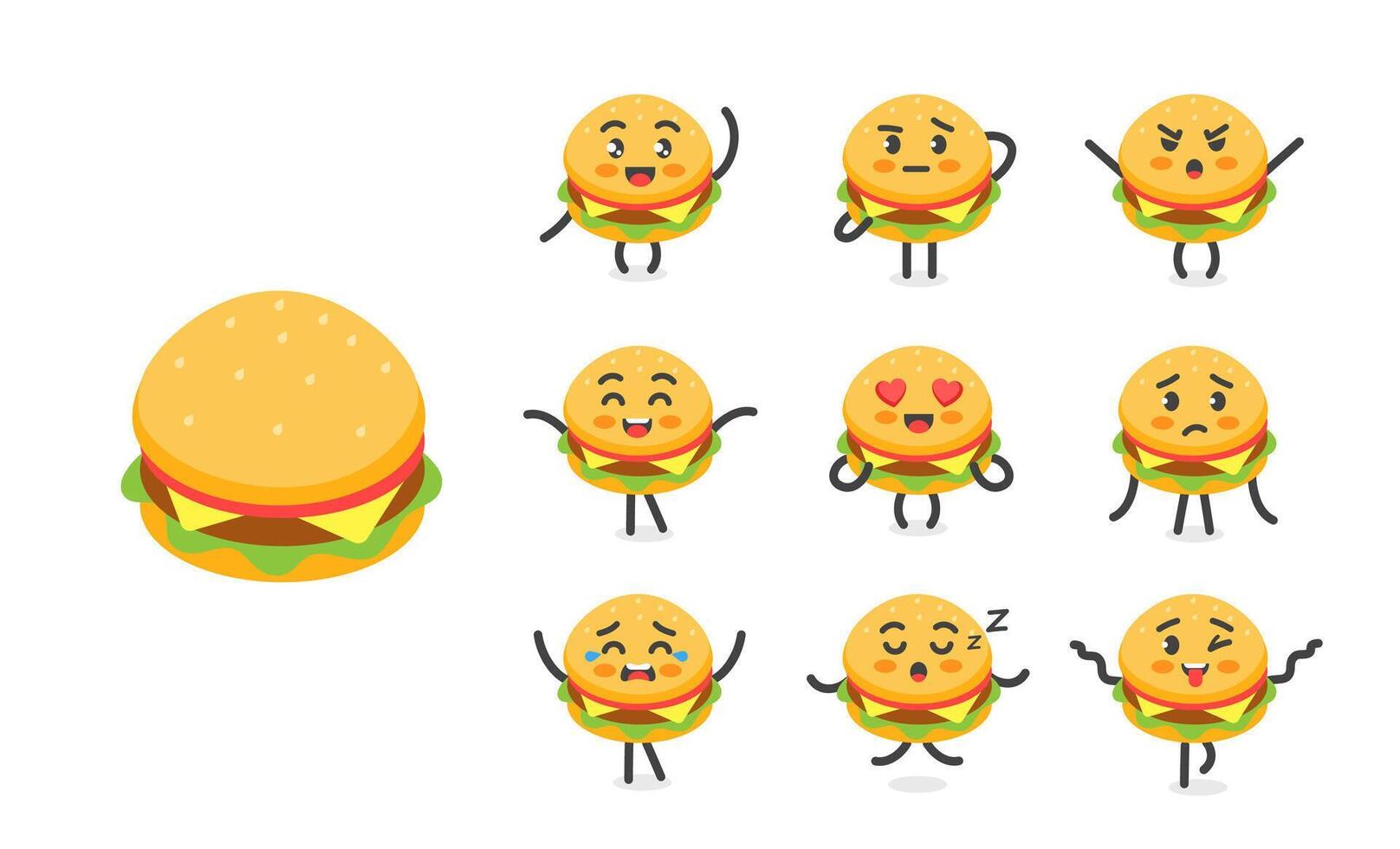 Hamburger funny character set of poses and emotions, mascot symbol of fast food restaurants marketing, in cartoon kawaii style vector
