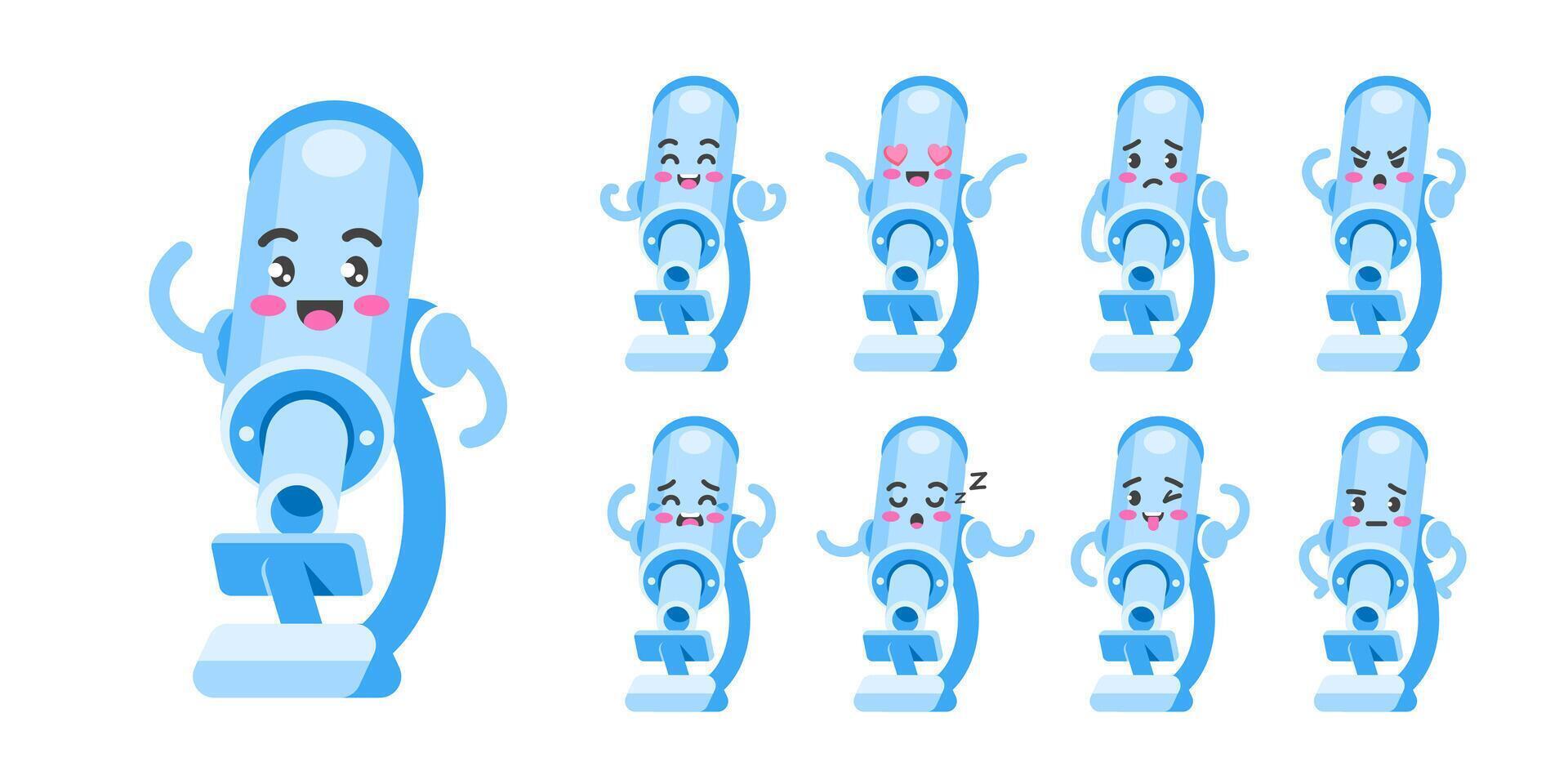 Microscope funny blue cartoon character, different poses and emotions, mascot for biology, chemistry, science. vector