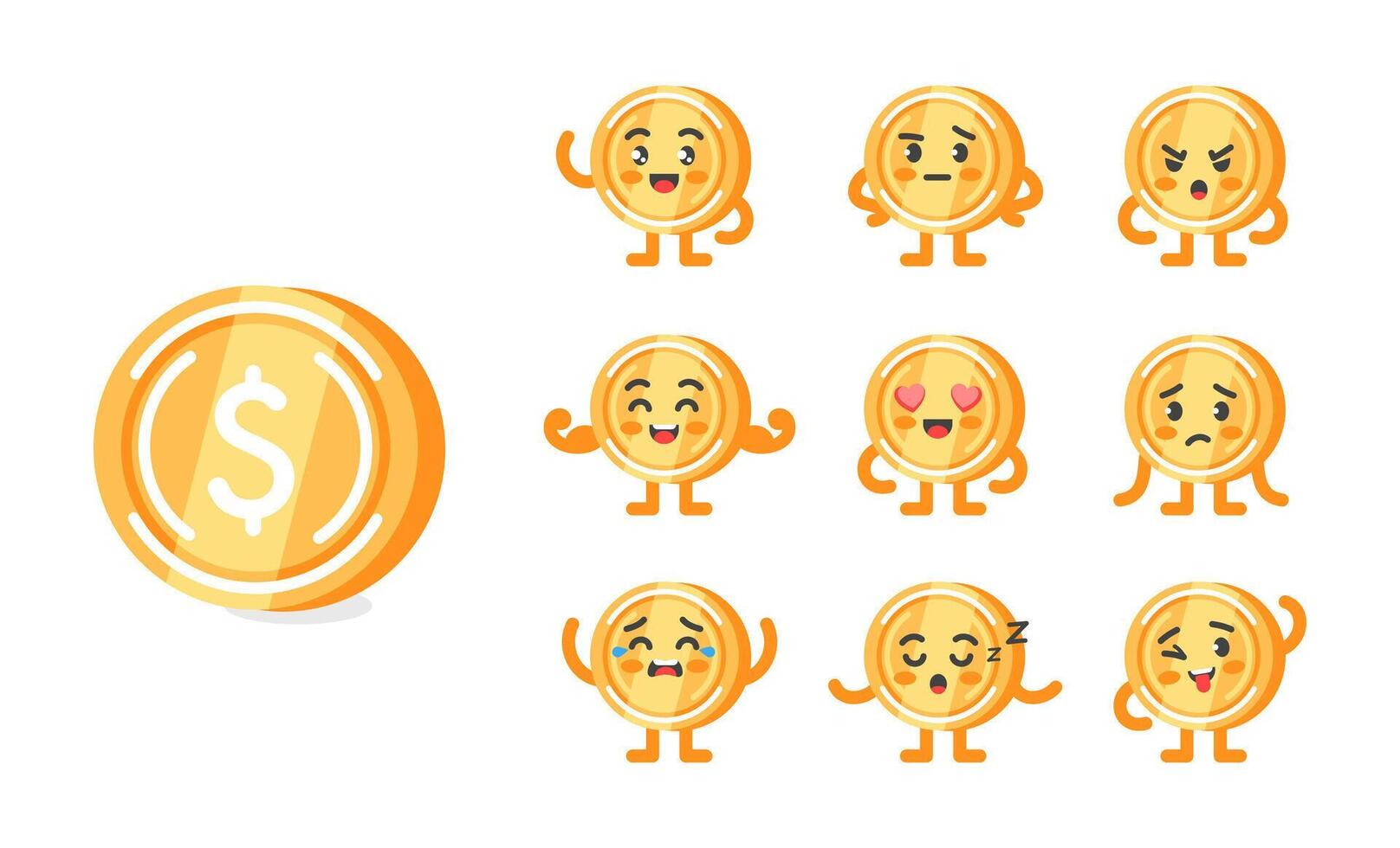 Coin gold funny character set of poses and emotions, mascot symbol business, finance, winning vector