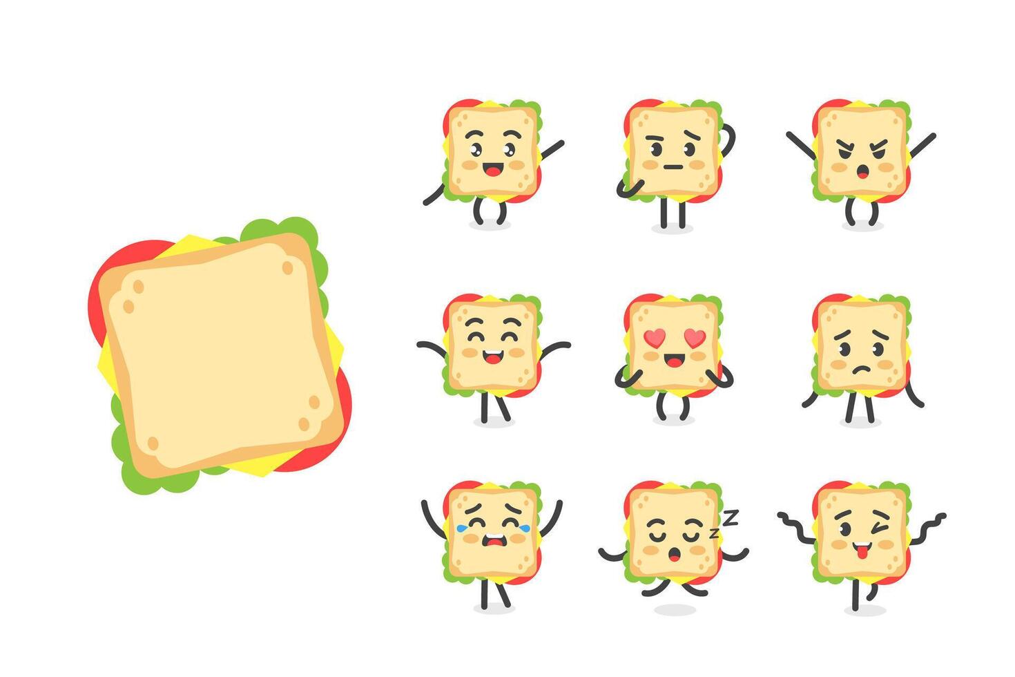 Sandwich with a funny face character set of poses and emotions, mascot symbol of fast food, breakfast, in cartoon kawaii style vector
