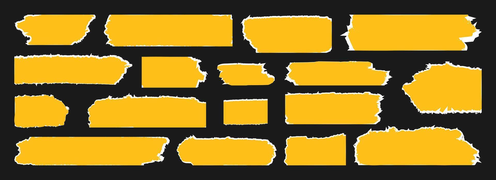 Collection of rumpled yellow paper strips with torn edges arranged on a black background for creative design projects and artistic expression vector