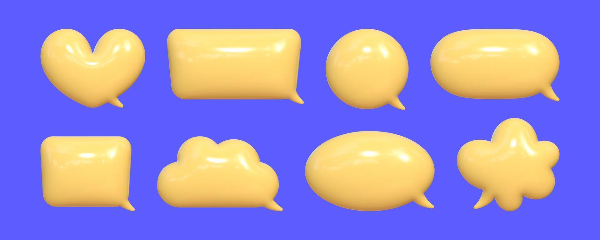 Collection of inflated 3D speech bubbles with reflective texture against a bright blue background showcasing different shapes and sizes designed for dynamic communication vector