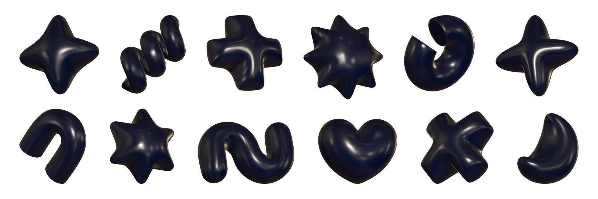 Collection of geometric 3D figures featuring a plastic texture and reflective fiber, showcasing y2k aesthetics in modern design. vector