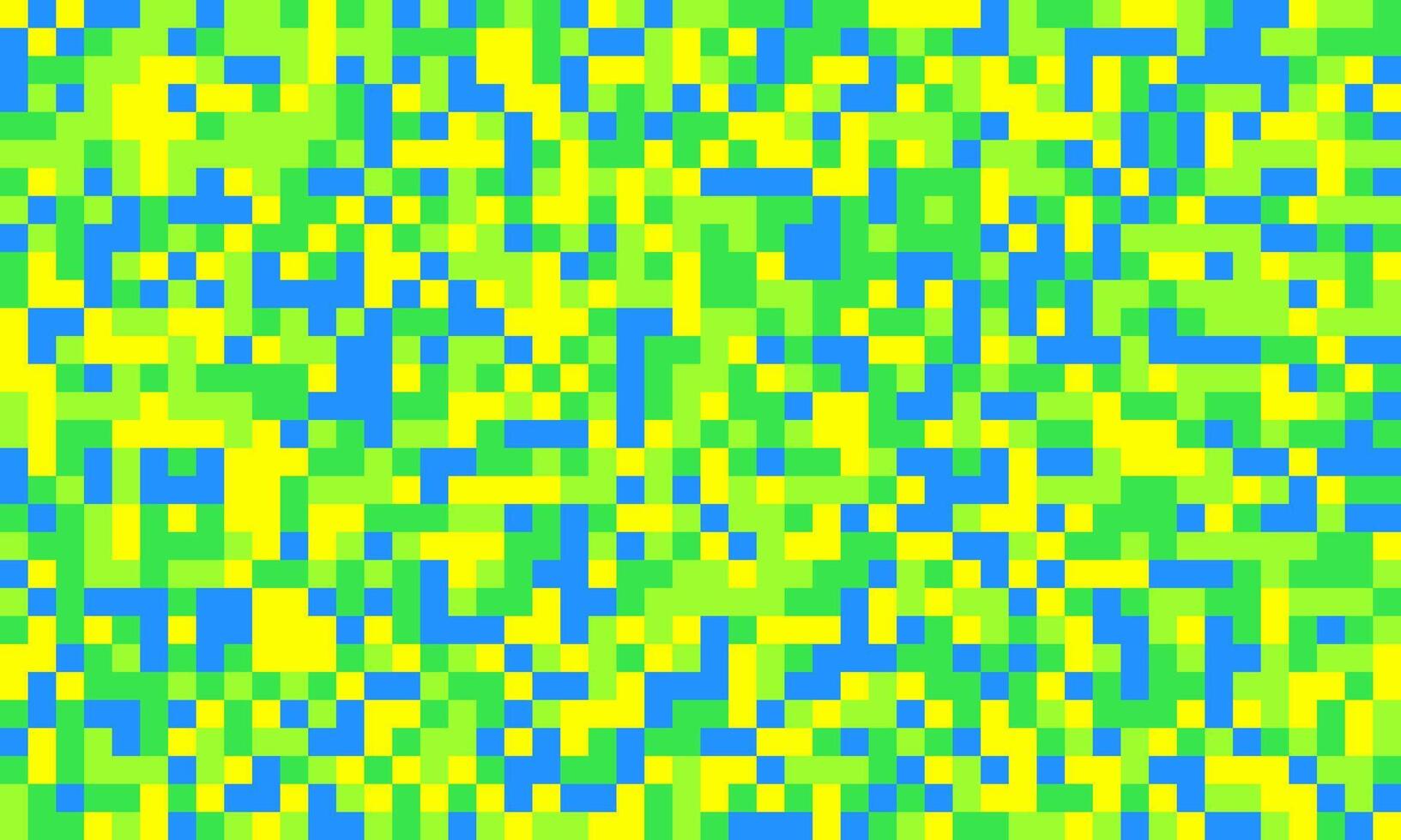Vibrant pixel art background featuring a chaotic yet visually appealing blend of bright yellow, lime green, and sky blue squares. vector
