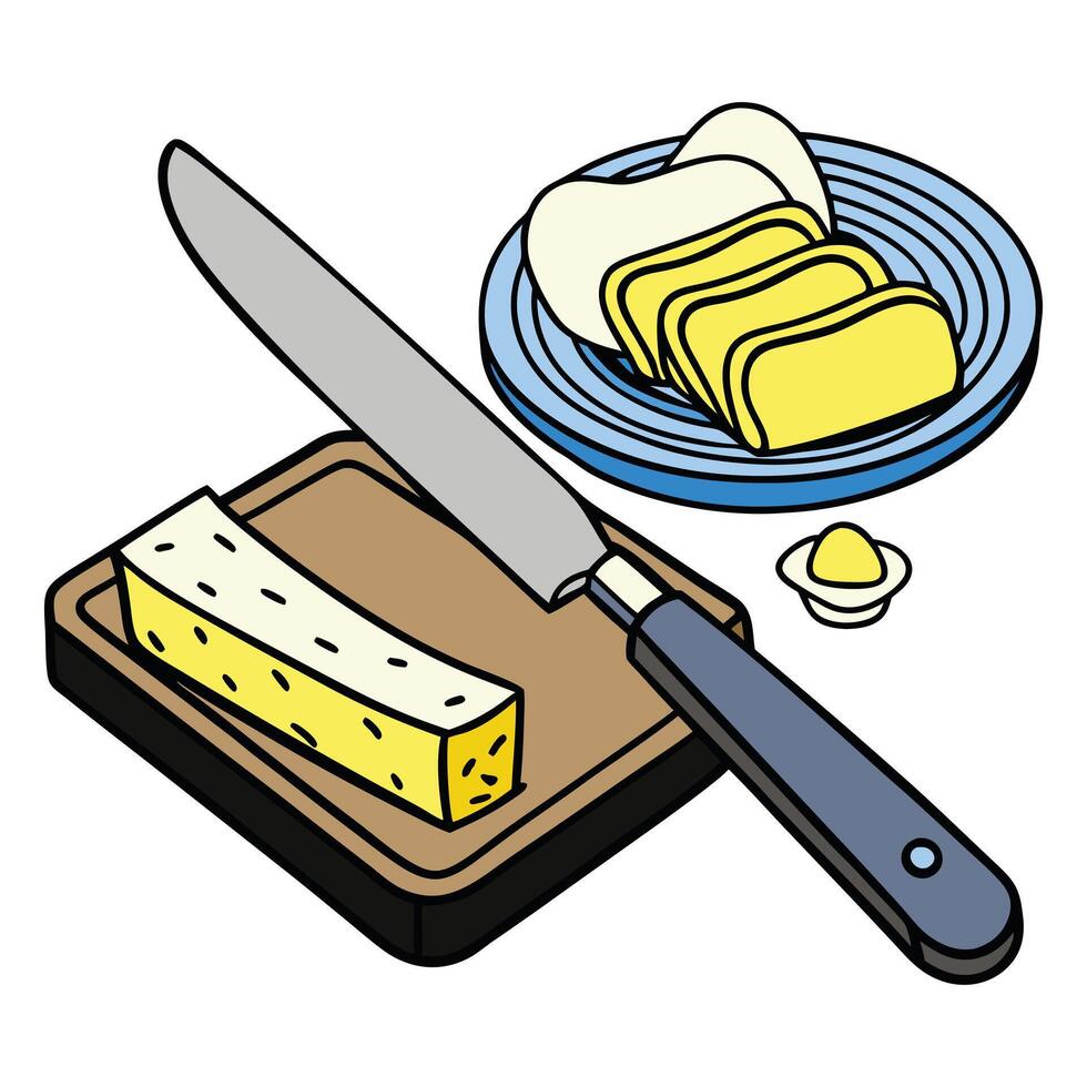 Sliced Butter on a Cutting Board Ready for Toasting vector
