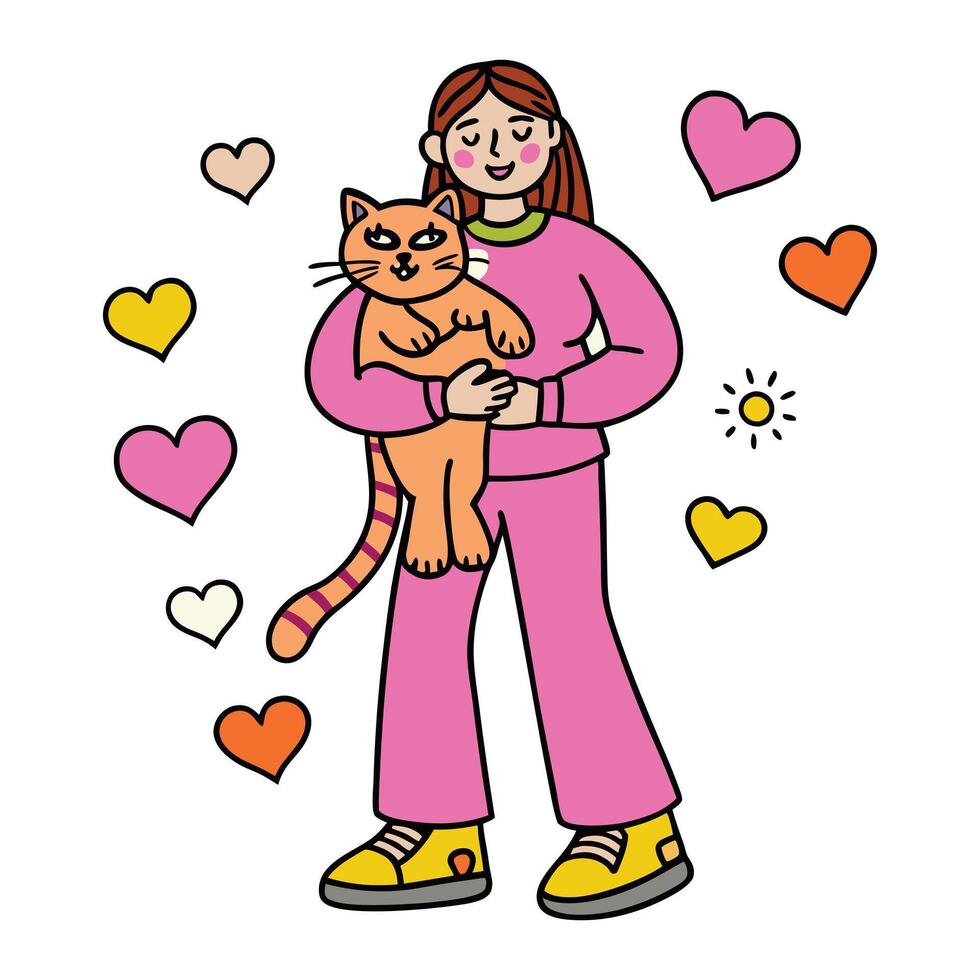 Woman lovingly holding a cat, surrounded by hearts. vector