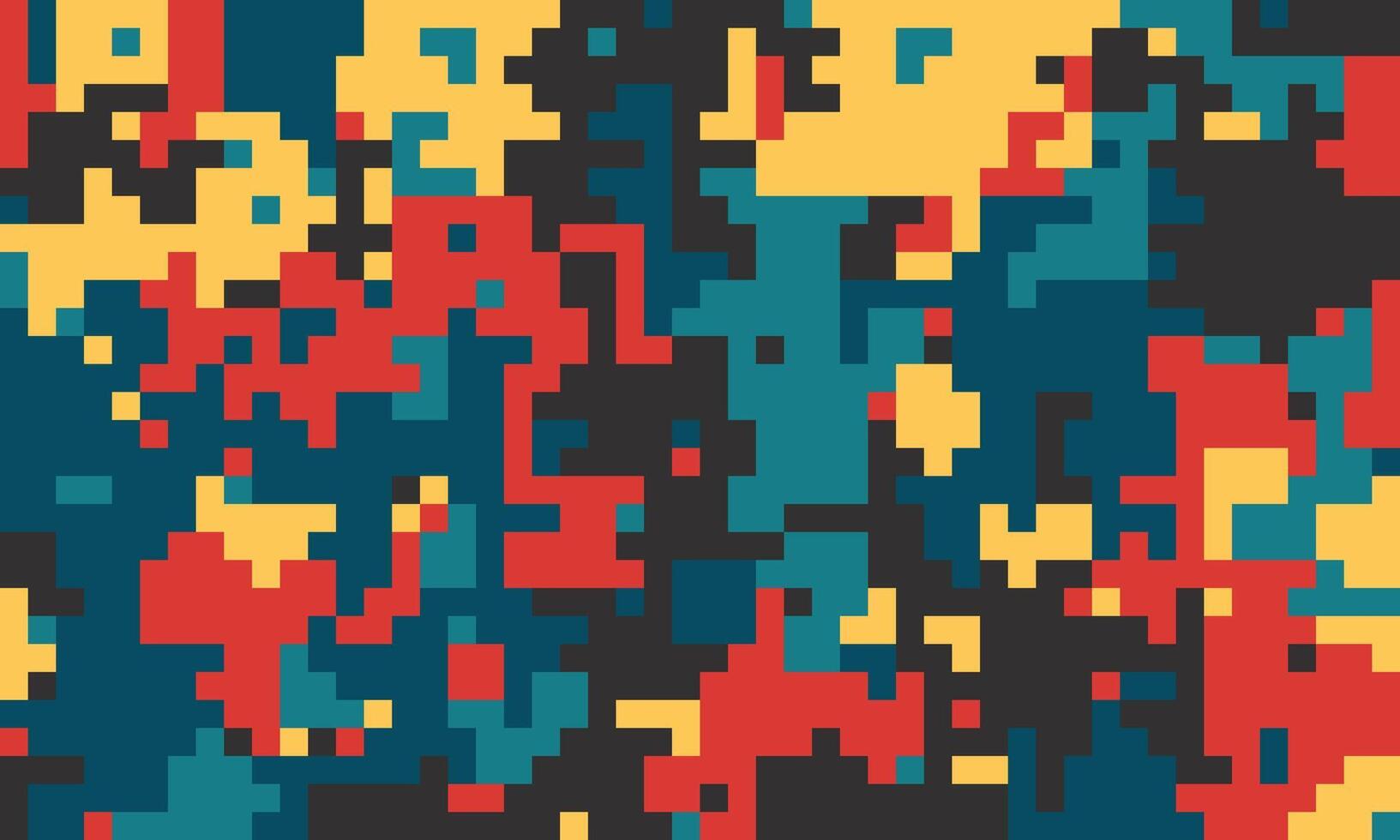 Abstract pixel art background. Vibrant red, yellow, teal, and black squares create a dynamic, energetic design. Ideal for websites, presentations, or digital art projects. vector
