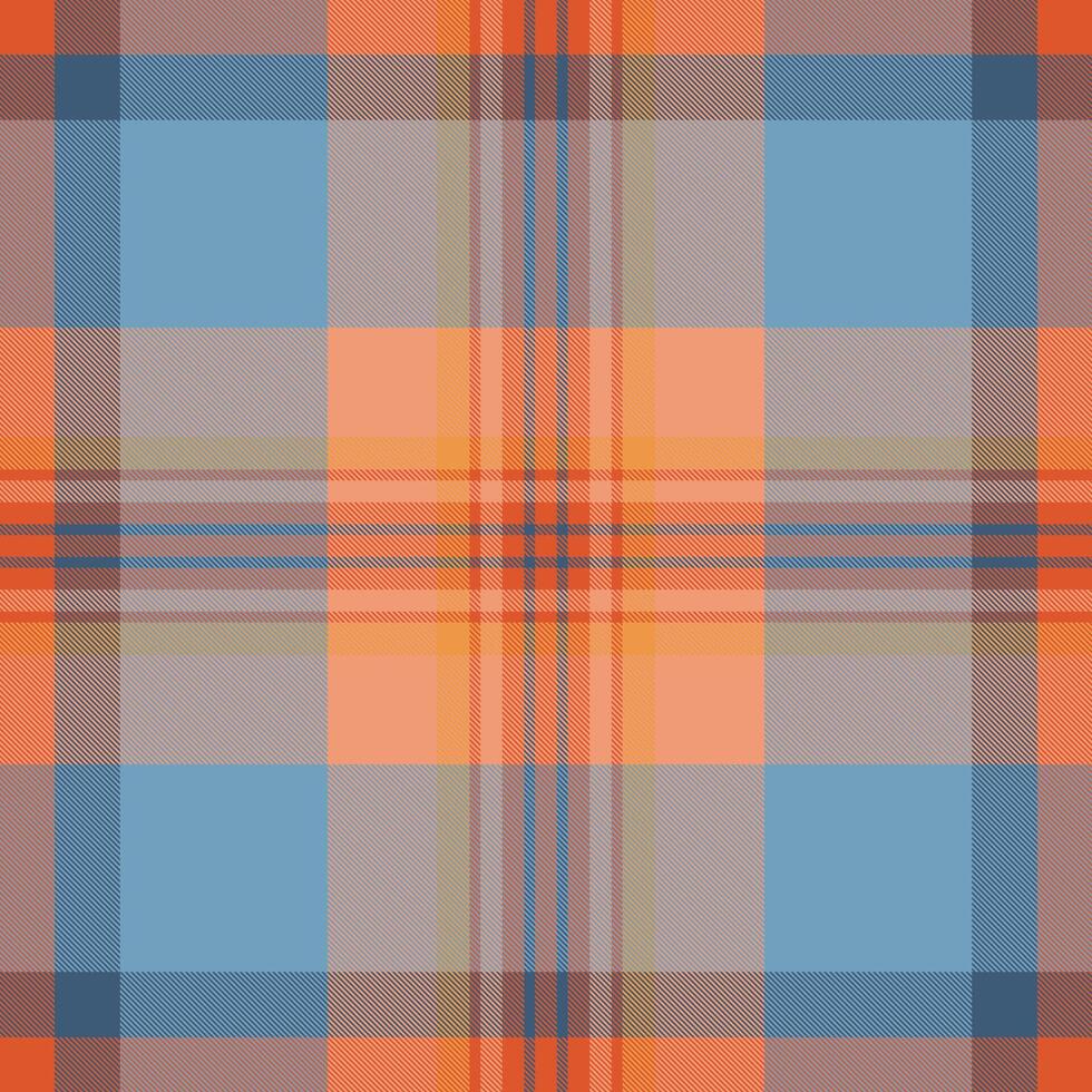 Vibrant pastel plaid pattern. Seamless textile design in soft orange, blue, and gray hues. Ideal for fashion, home decor, and website backgrounds. Evokes feelings of warmth and tranquility. vector