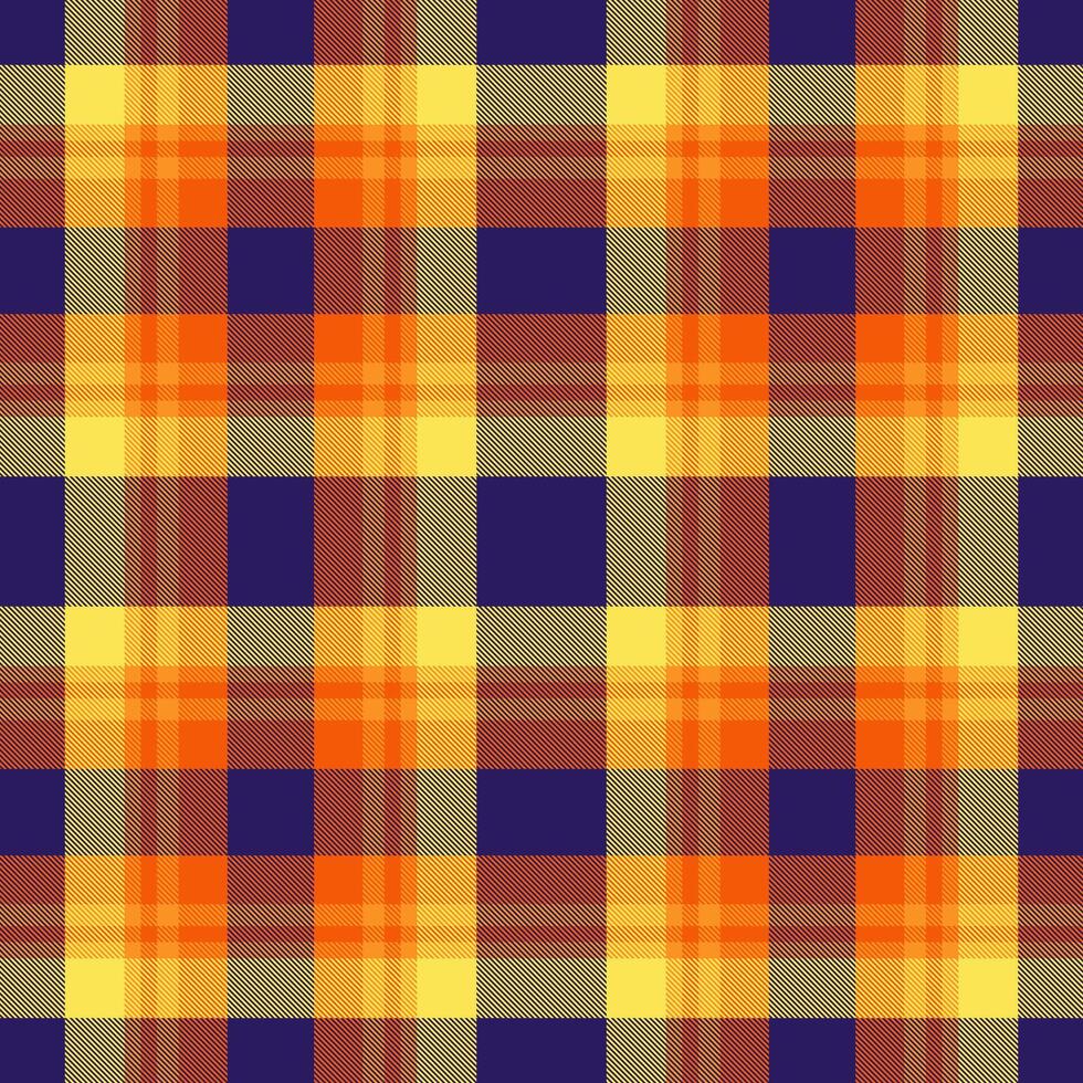 Vibrant autumnal plaid pattern in shades of orange, yellow, and deep blue. Perfect for fallthemed designs, textiles, or website backgrounds. vector