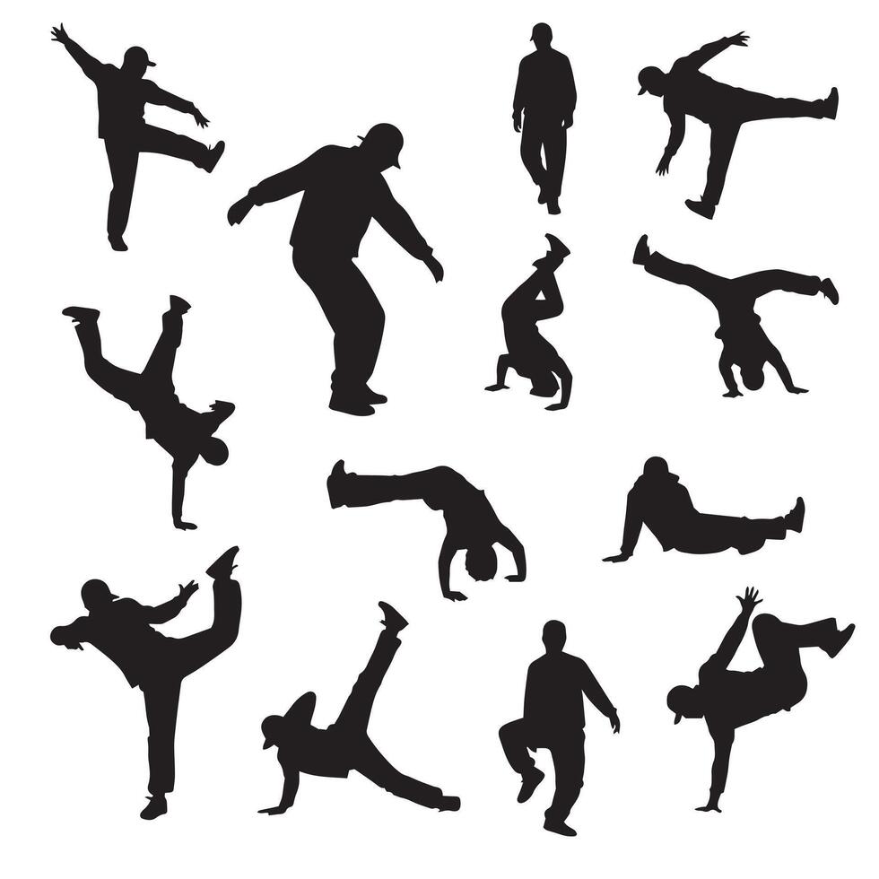 Silhouettes of hip-hop and breakdance dancers in dynamic poses. Perfect for urban dance, street culture, and music-related designs vector