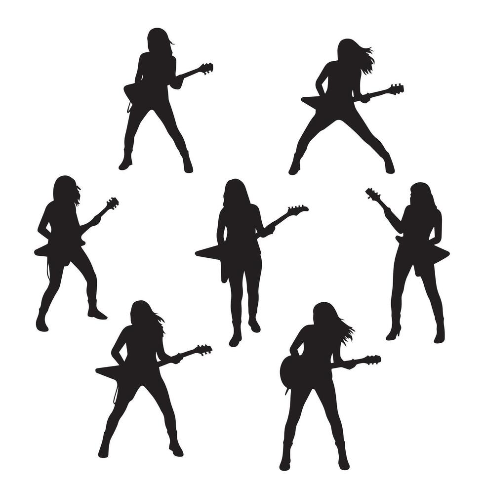 Silhouettes of female rockers playing guitar vector