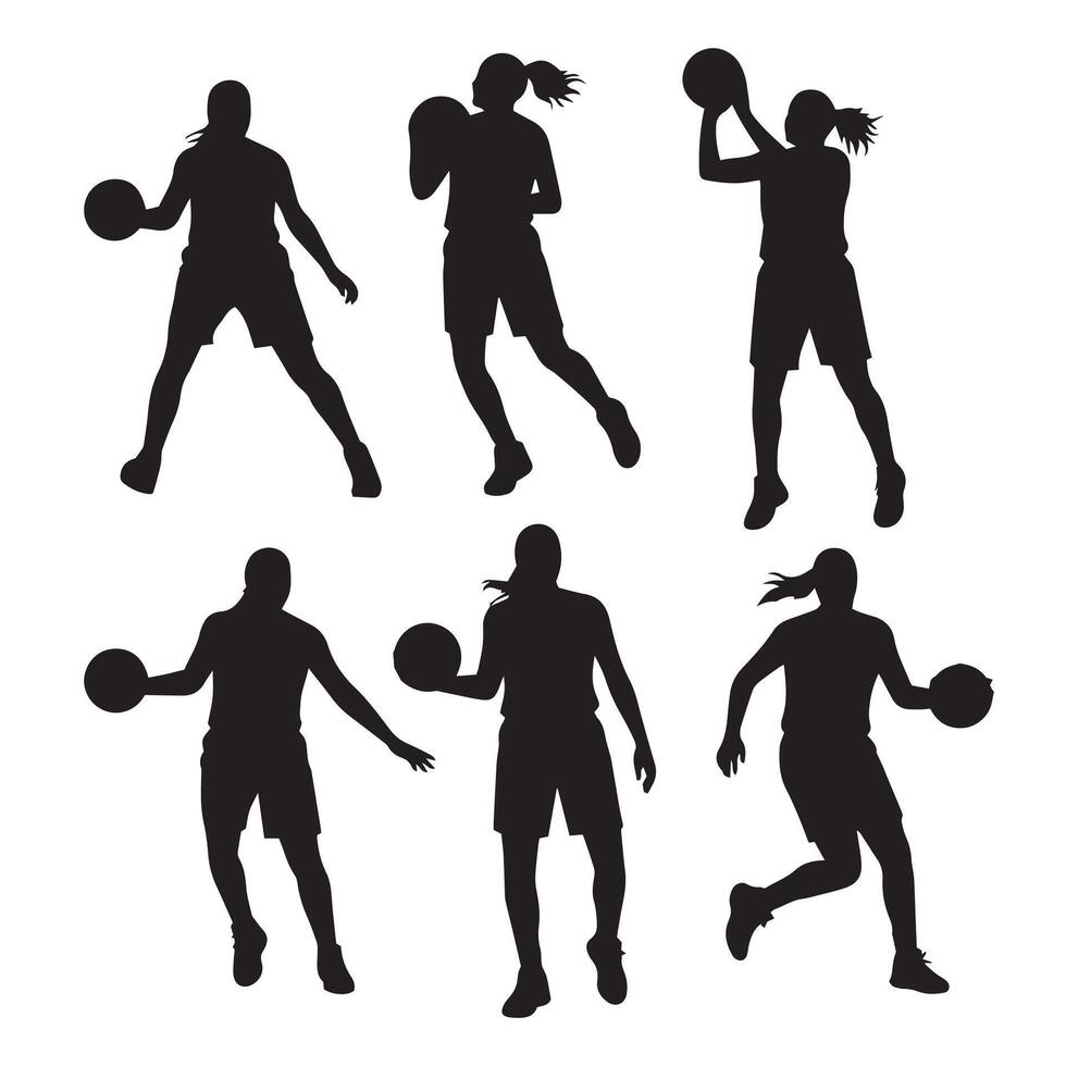 Silhouettes of basketball players in various poses vector
