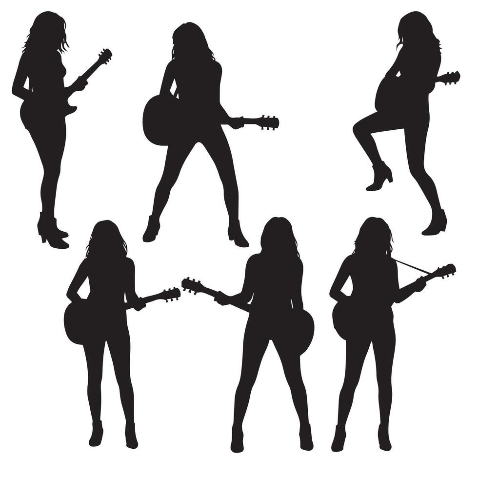 Silhouettes of women playing guitar on white background vector